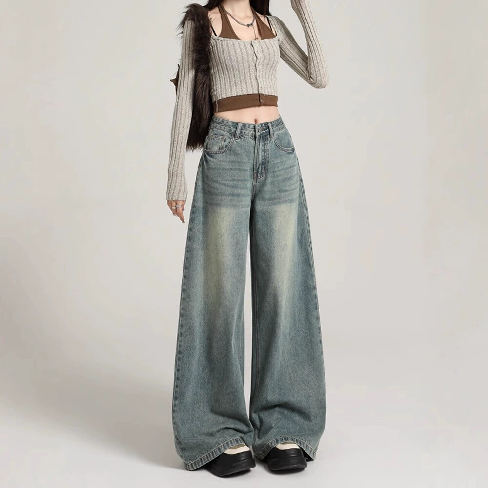 美式复古阔腿牛仔裤女2026春季新款高腰宽松显瘦垂感显高直筒裤子