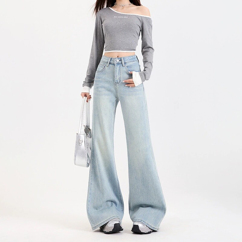 浅色宽松微喇牛仔裤女2026春季新款高腰显瘦不贴腿拖地喇叭马蹄裤