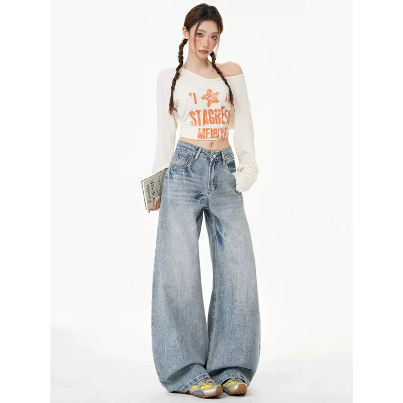 美式复古阔腿牛仔裤女2026春夏新款高腰垂坠宽松显瘦拖地直筒裤子