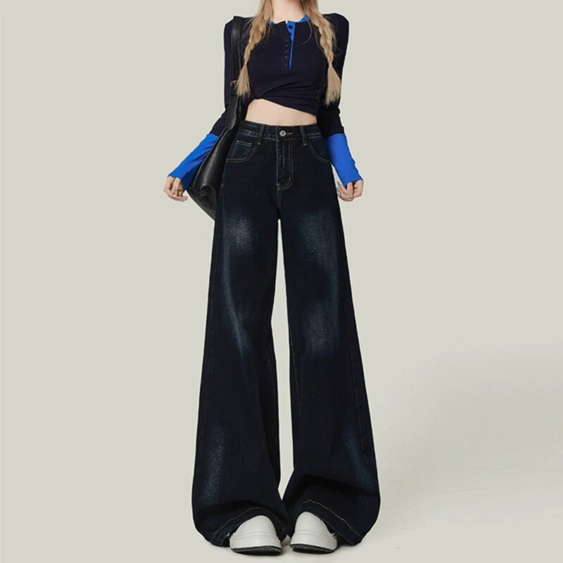 美式蓝灰梨型身材阔腿牛仔裤女2026年春季新款宽松高腰垂感拖地裤