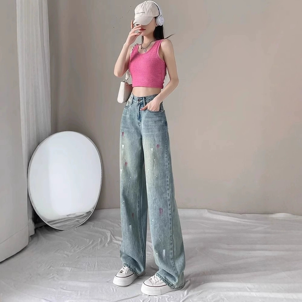 阔腿牛仔裤女宽松显瘦泼墨拖地裤