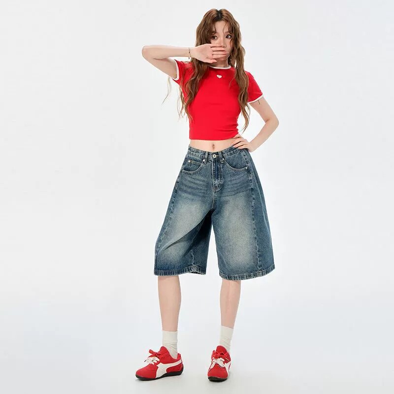 复古蓝牛仔七分裤女夏季薄款松弛感小个子阔腿梨型遮跨直筒中裤子