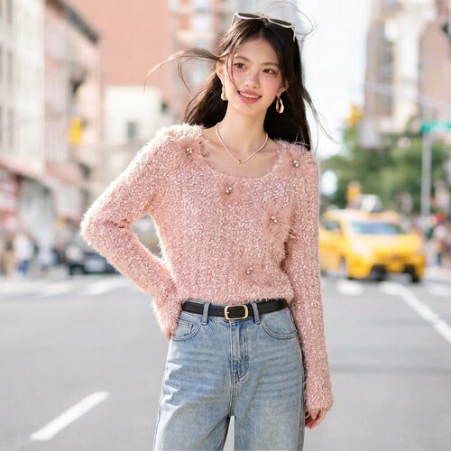 粉色套头毛衣女软糯甜美针织上衣
