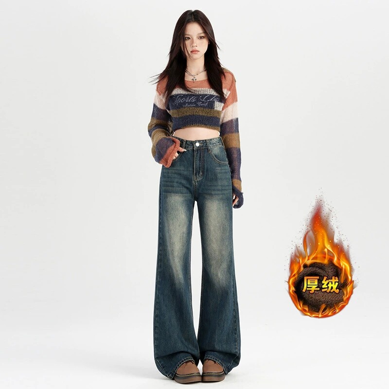 直筒加绒牛仔裤女2026秋冬新款高腰复古小个子显瘦窄版阔腿裤子女