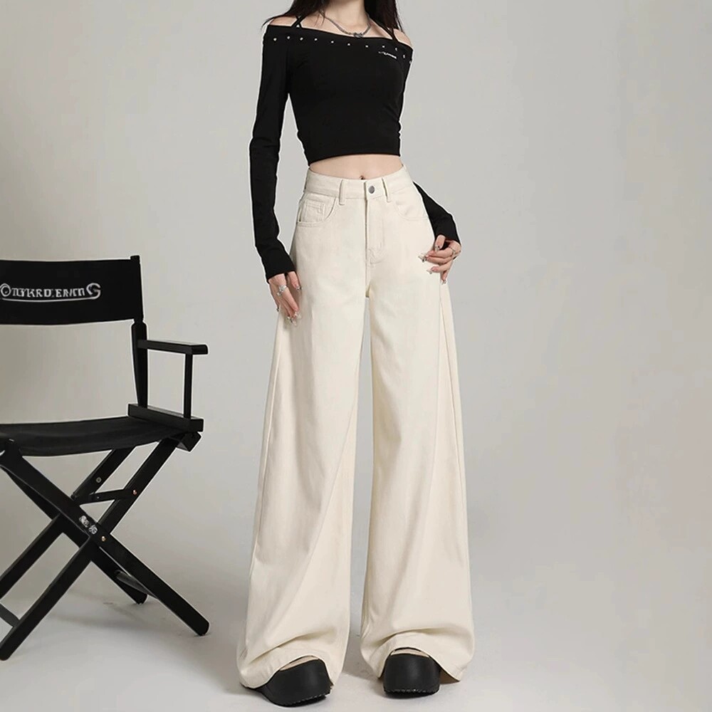 白色阔腿牛仔裤女2026春季新款高腰小个子显高垂感宽松直筒弯刀裤