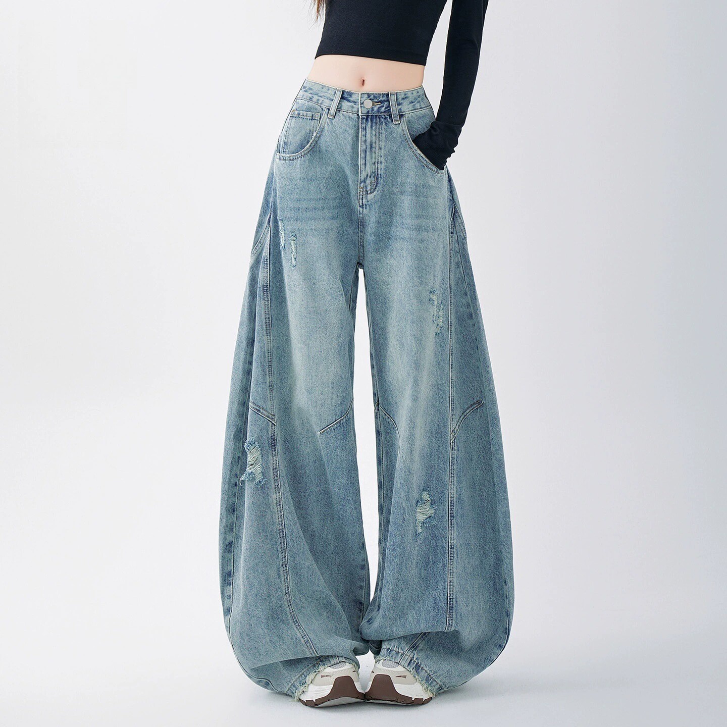 美式复古破洞弯刀牛仔裤女宽松阔腿休闲拖地裤2026春季新款香蕉裤