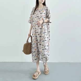 2026年夏季人造棉连体衣女卡通休闲大码宽松短袖睡衣薄款棉绸裙子