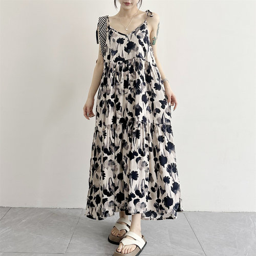 夏季大裙摆棉绸碎花吊带连衣裙女