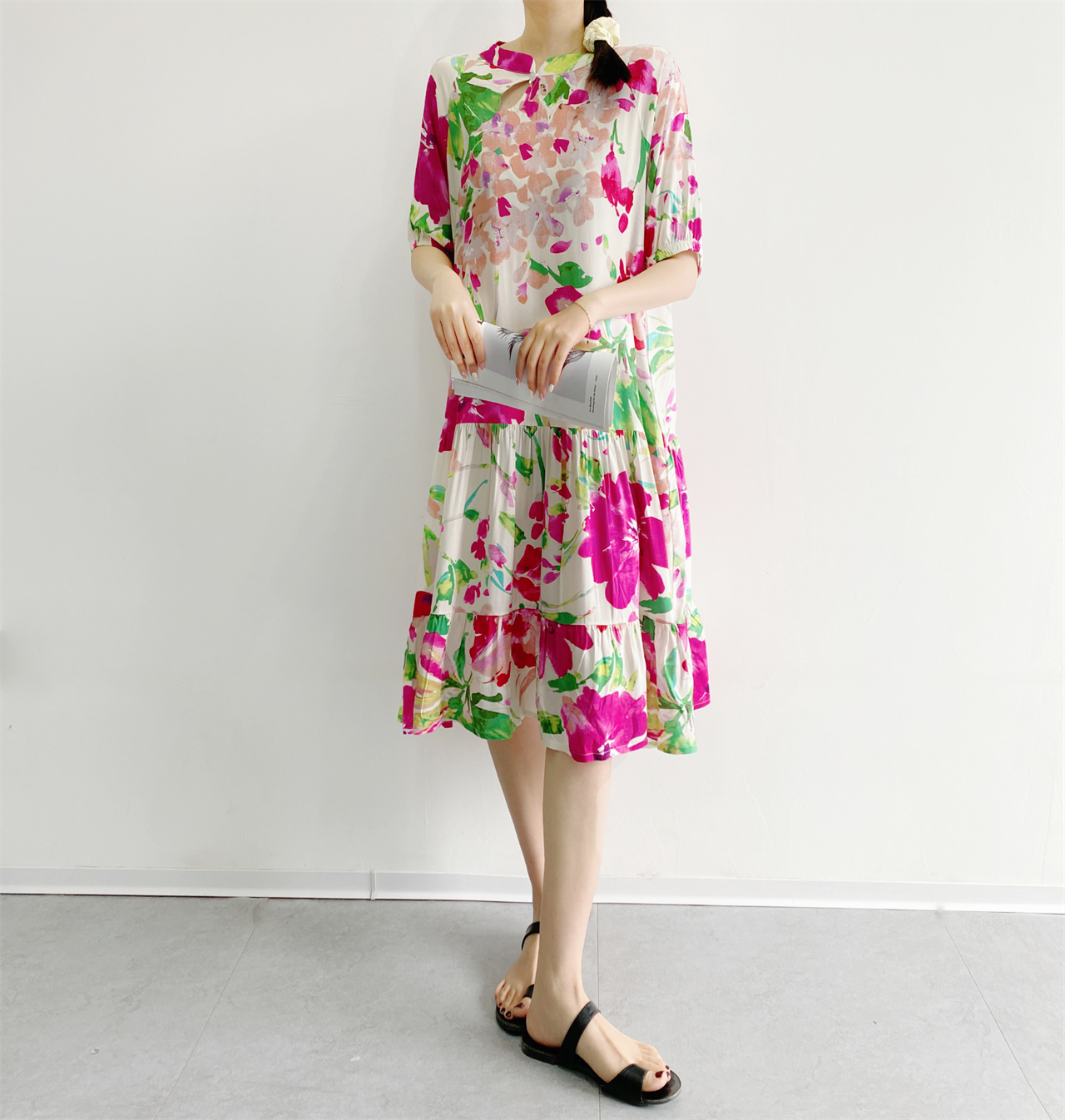 复古棉绸A字型旗袍纯色立领开扣