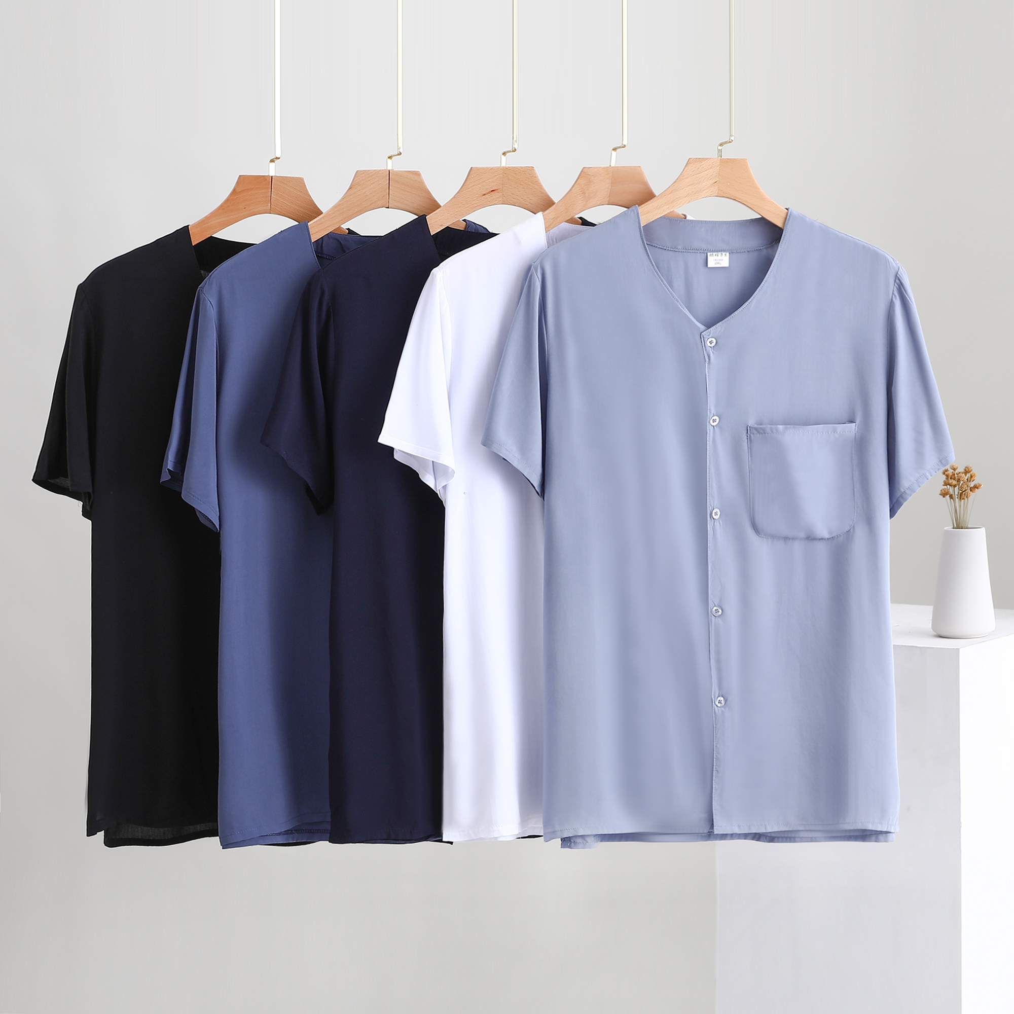 薄款上衣短袖人造棉棉绸休闲男士