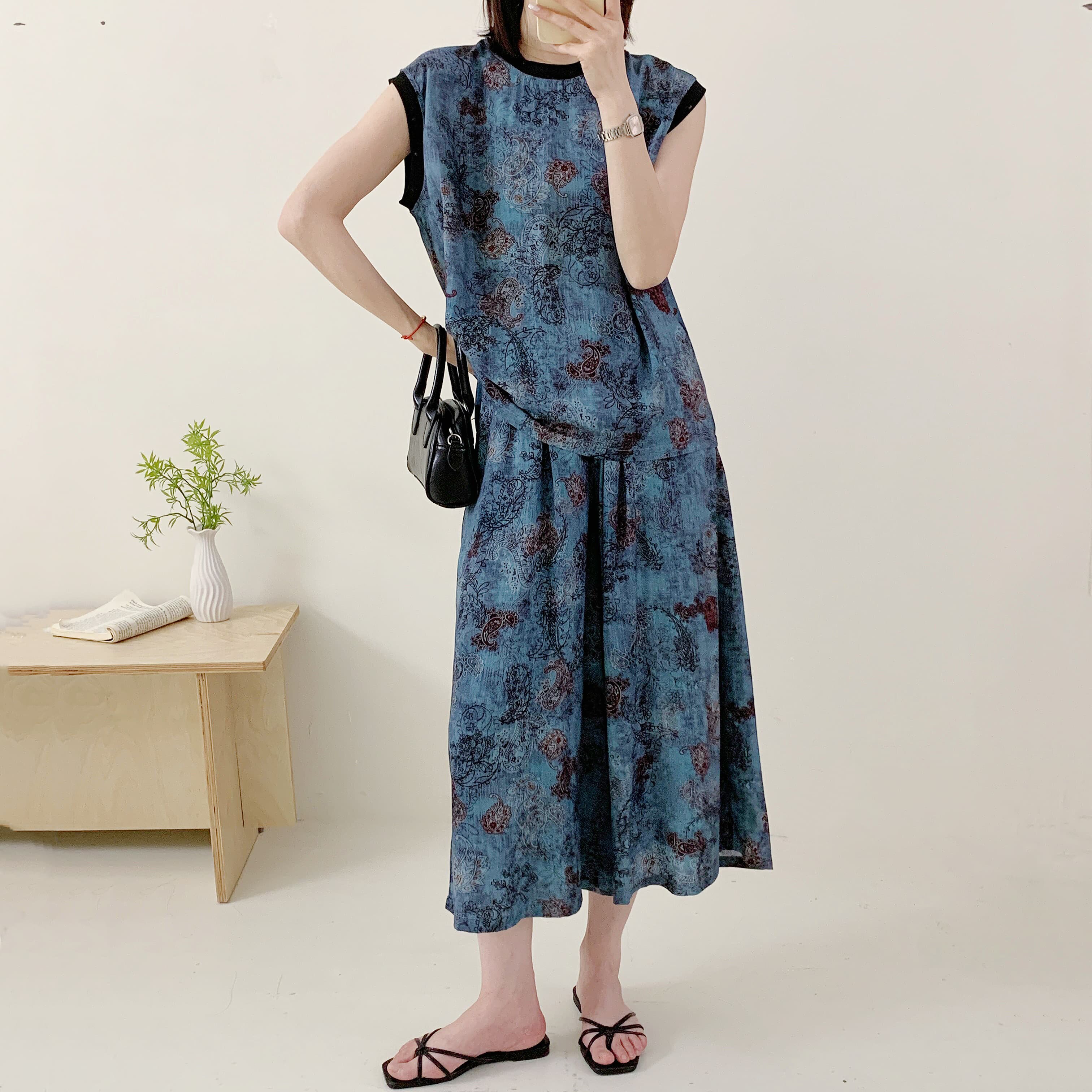 2026年夏新款棉绸无袖上衣七分裙裤两件套女大码人造棉时尚套装
