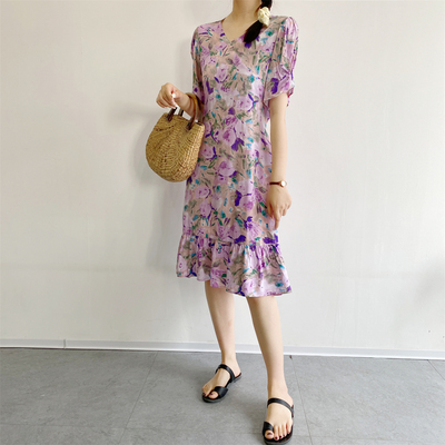 甜美A字裙棉绸碎花花边连衣裙夏