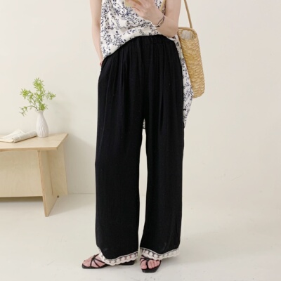 2025年夏新款棉绸蕾丝拼接休闲裤