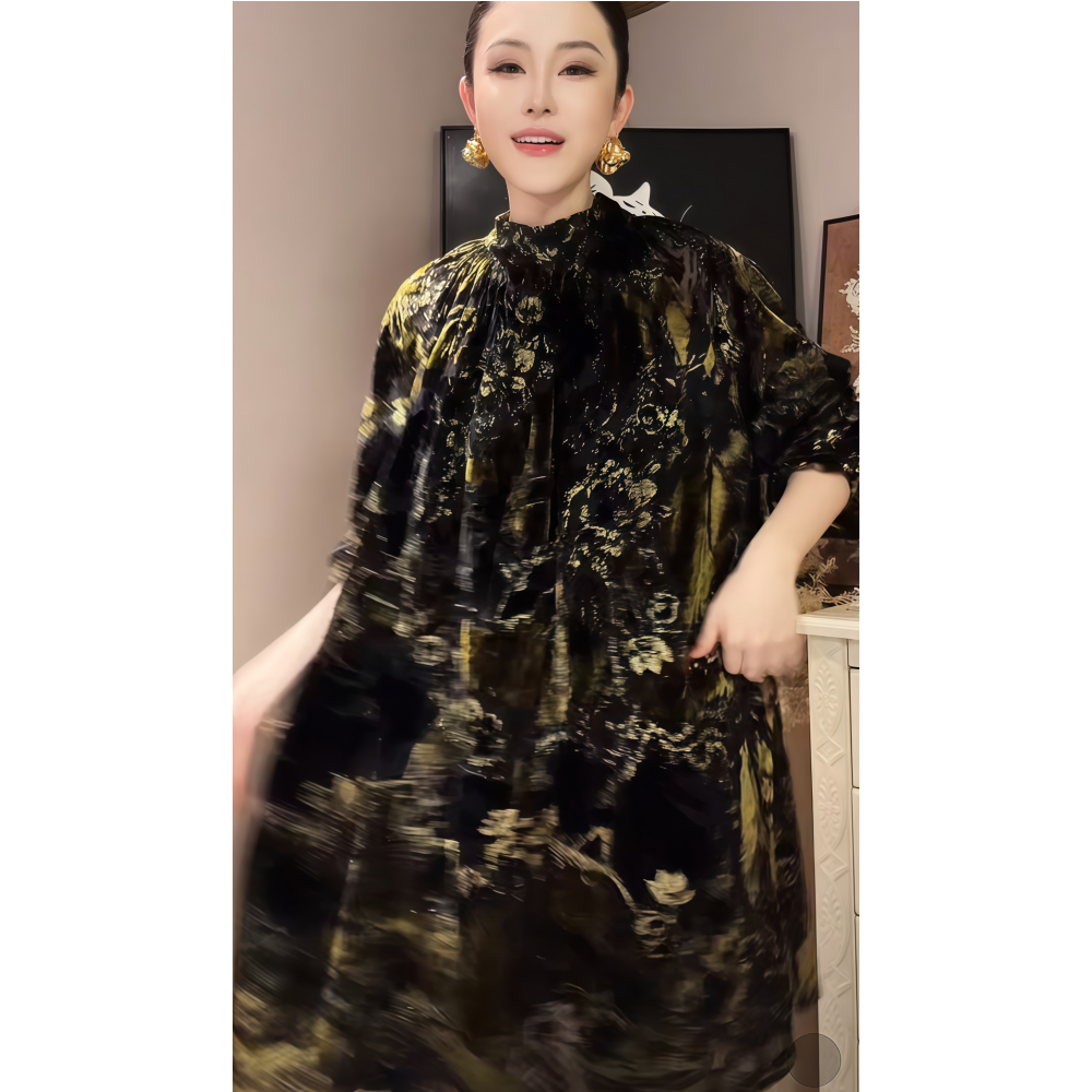2026年春季新款新中式国风复古优雅中长款黑金色印花长袖连衣裙女