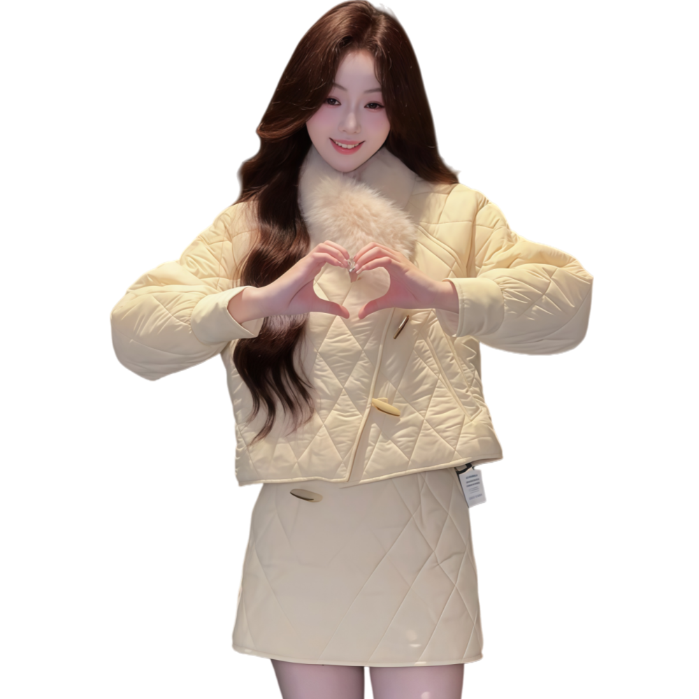 米白色毛领棉服外套半身裙套装女