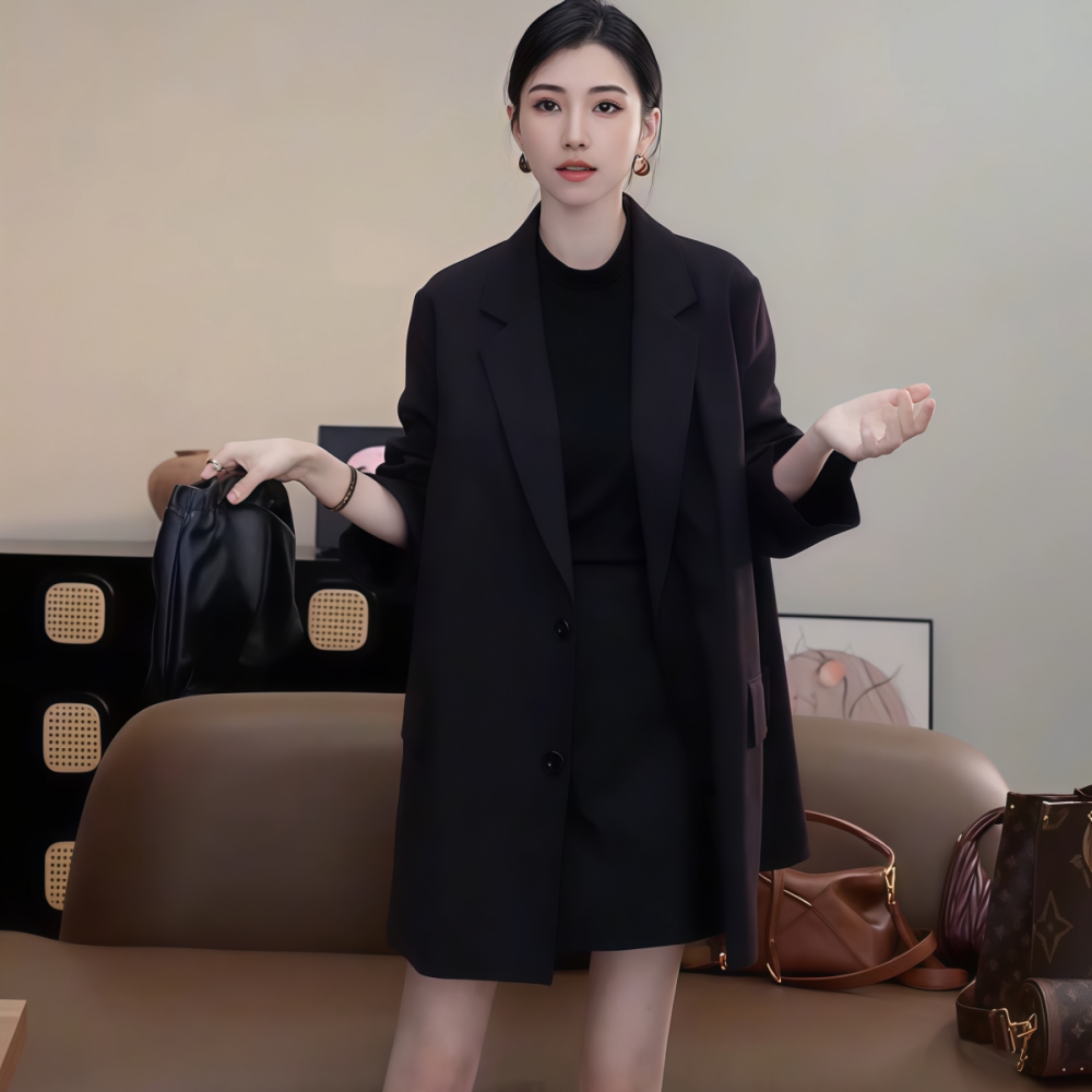 2026年春季新款韩系慵懒风宽松单排扣中长款黑色直筒款西装外套女