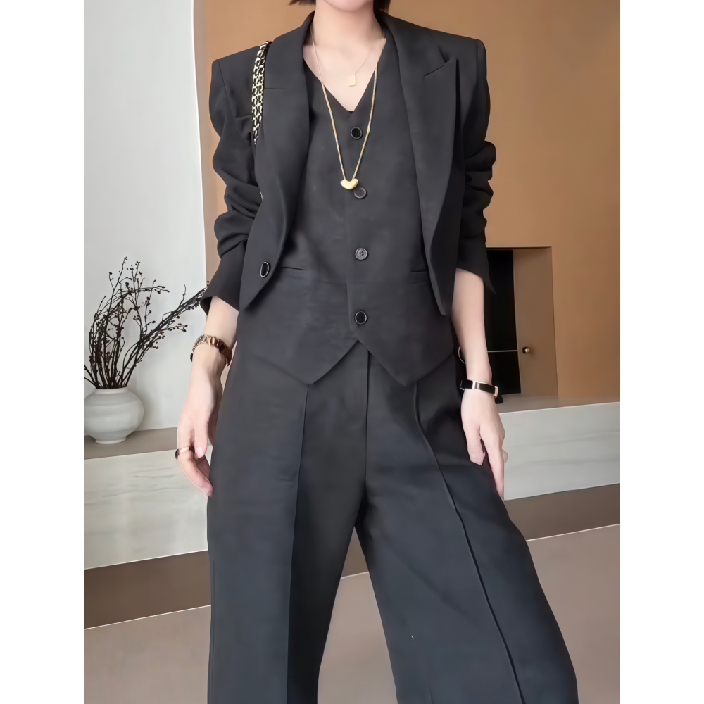 黑色西装外套马甲阔腿裤三件套女