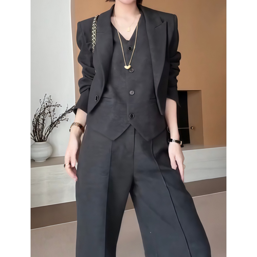 黑色西装外套马甲阔腿裤三件套女