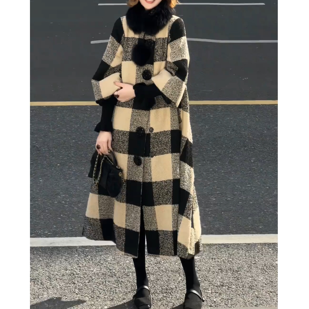 2026年冬季新款汉服装百搭宽松显瘦中长款黑白格纹毛呢大衣外套女