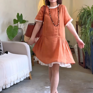 夏季新款韩系甜美橘色连衣裙撞色假两件宽松显瘦气质圆领连衣裙女
