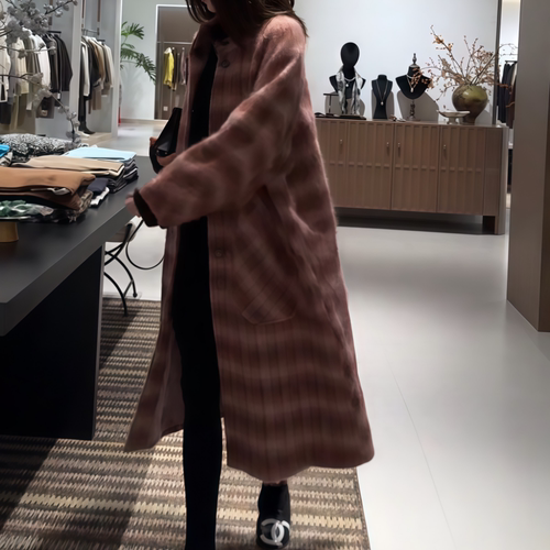 酒红色长款廓形格纹毛呢大衣女