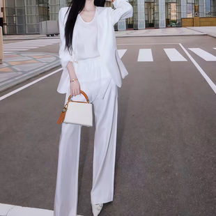 新款 套装 韩系高端休闲两件套中长款 外套直筒裤 女 白色西装 2026春季