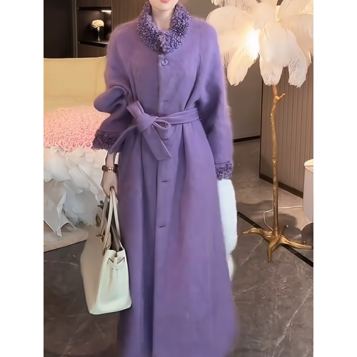 系带长款紫色立领磨毛毛呢大衣女