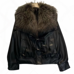 大毛领黑色夹克款 韩系简约洋气潮流短款 皮衣外套女 新款 2025年冬季