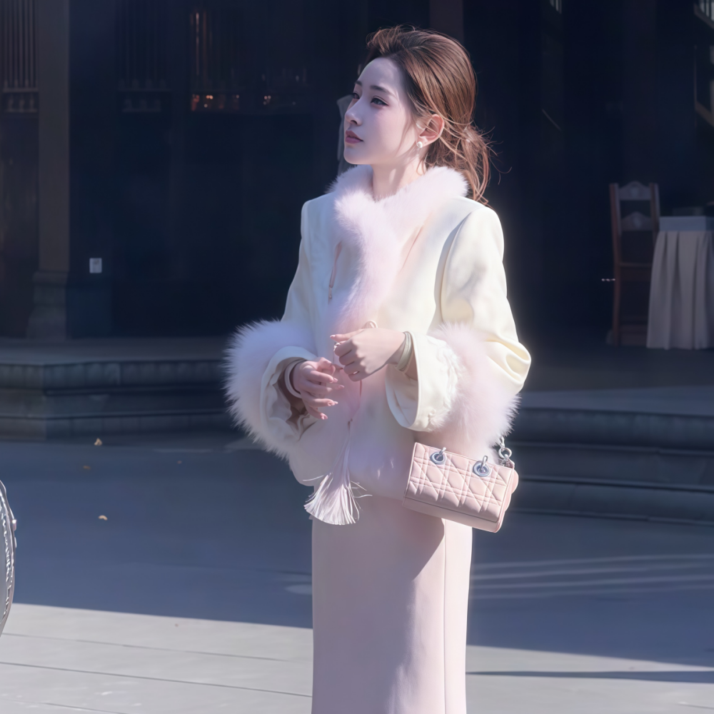 甜美名媛风白色毛毛领毛呢外套女