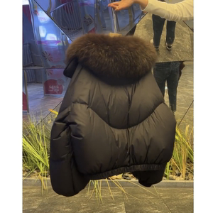 欧货黑色短款大毛领白鸭绒羽绒服加厚女2024年冬季高级感保暖外套