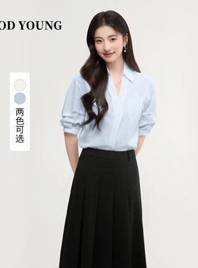GOODYOUNG蓝色衬衫高级感小个子面试夏季抽皱百搭衬衫女通勤短袖