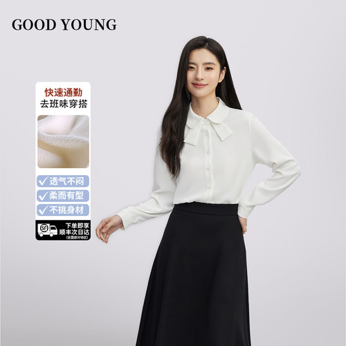 GOODYOUNG2025新款蝴蝶结领长袖衬衫女显瘦职业法式泡泡袖通勤