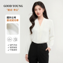 职业通勤女 抗皱高级感面试衬衣长袖 GOODYOUNG白色雪纺开衫 V领衬衫