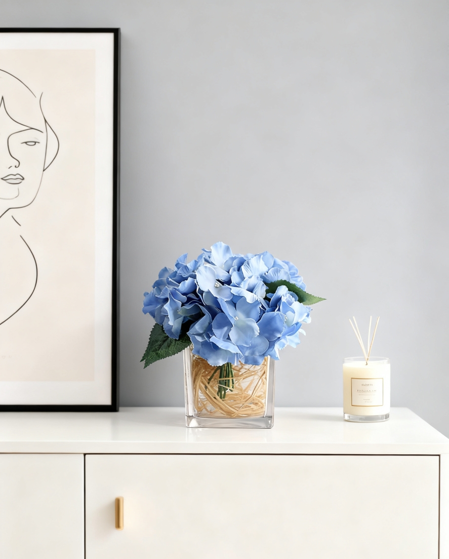 绣球仿真花束方缸玻璃花瓶花艺酒店咖啡馆餐馆卧室茶几梳妆台摆件