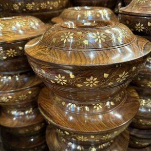 印度黄檀带盖镶嵌花纹收纳盒装饰家用糌粑奶渣白糖盒(不可水洗)