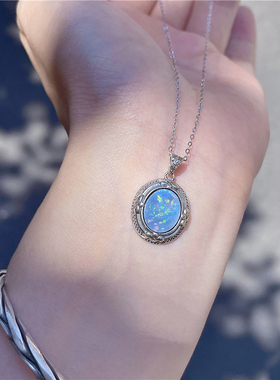 ninisn 925银澳大利亚欧泊吊坠复古小众蓝绿色火彩性质稳定不失彩