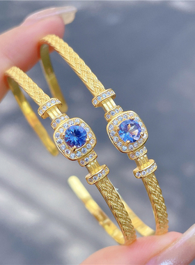 ninisn 925银镀金蓝紫色坦桑石手镯纯天然彩宝蓝宝石色调高级感女