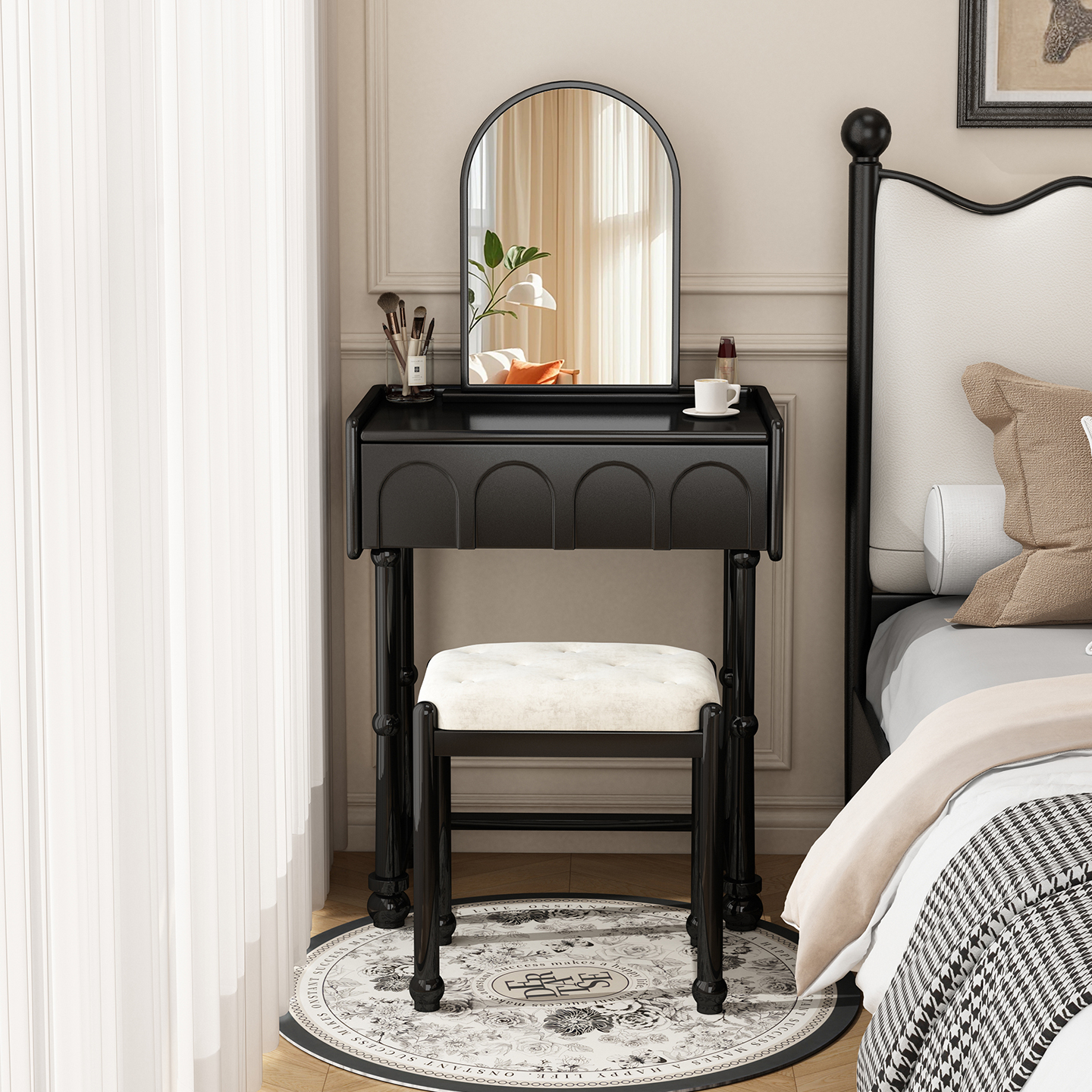 实木法式小钢琴梳妆台60cm中古小型黑色床头化妆台法式复古化妆桌