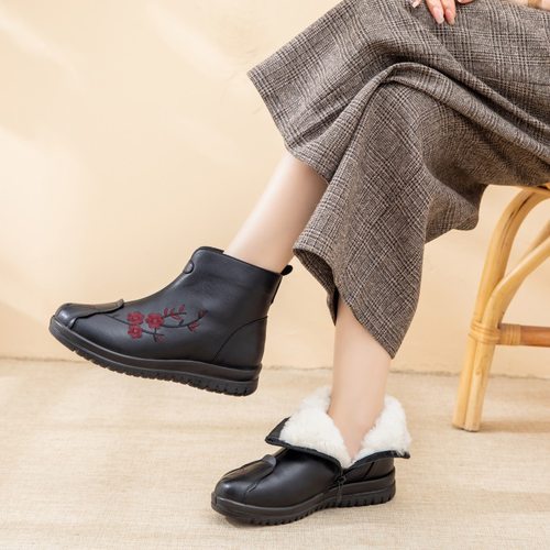 华康达真皮妈妈棉鞋加绒加厚短靴