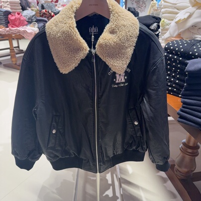 ONE MOMENT正品仿皮新款美式复古毛领棒球服女宽松加厚保暖外套