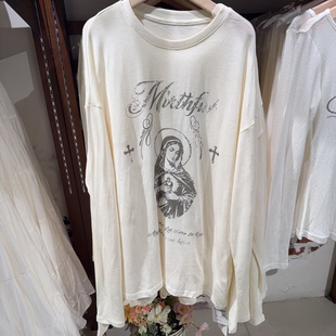 纯棉白色百搭休闲打底字母印花宽松长袖 春夏季 T恤 MOMENT正品 ONE