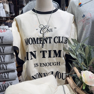 纯棉字母印花撞色条纹拼接宽松短袖 春夏季 T恤 MOMENT正品 ONE