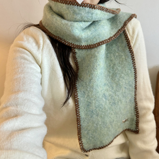薄荷绿～软糯羊毛锁边小围巾女毛线冬季新款撞色保暖纯色围脖