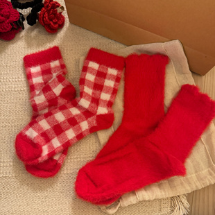 新年红～水貂绒毛绒质感冬天保暖加厚加绒中筒袜子本命年红袜子
