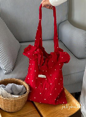 自制春夏设计感荷叶边边红色大容量花花包包ins风单肩包布袋少女