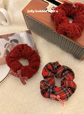又甜又糯！复古红色羊羔毛发圈新年春节氛围感大肠发圈发绳高弹力