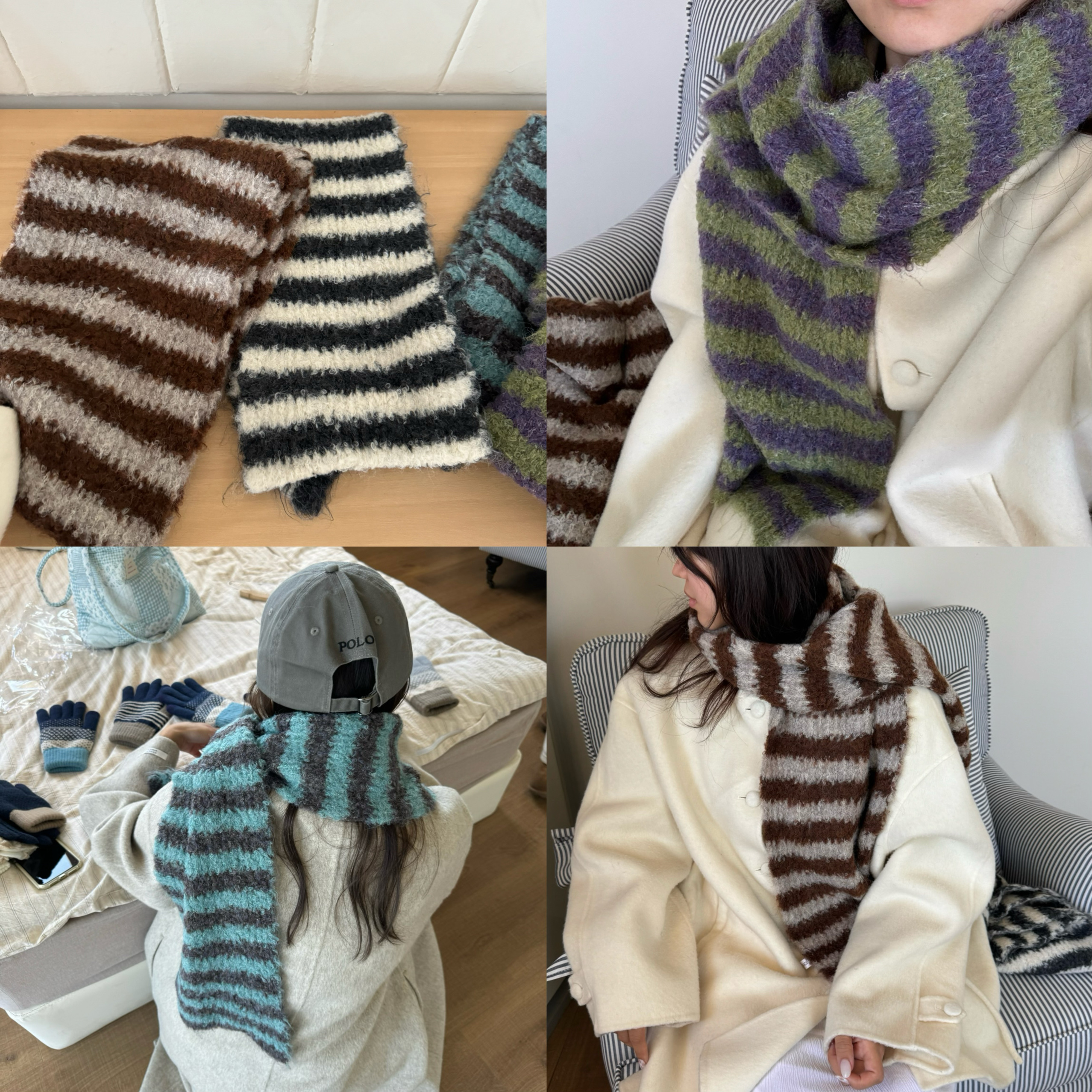 可爱俏皮美眉～百看不腻百搭氧气条纹配色围巾！冬天保暖围脖围巾