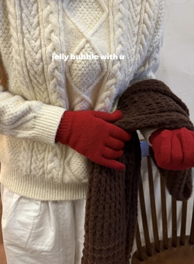 新年红色手套纯色针织冬天女可触屏玩手机防风加绒加厚保暖防寒女