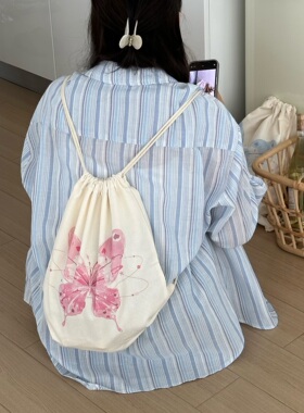 原创|蓝色蝴蝶粉色蝴蝶束口袋双肩帆布包可爱ins抽绳包学生包包