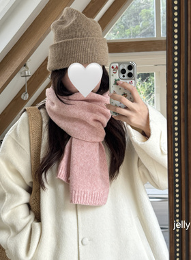 宝拉欧尼～粉草莓棉花基础款羊毛混纺软糯纯色围巾女冬季可爱毛线